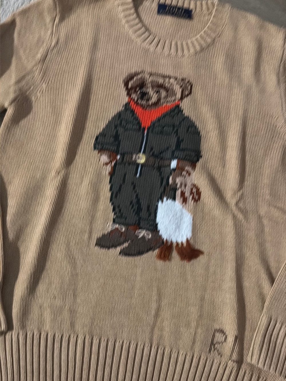 Polo by Ralph Lauren Tan Crewneck Sweater with Bear Intarsia - Picture 2 of 5